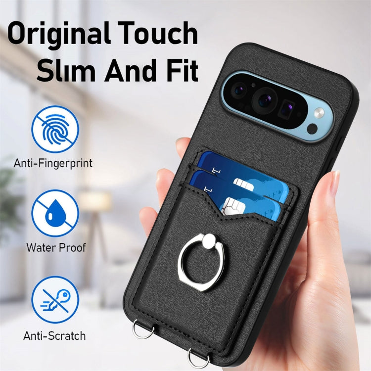 For Google Pixel 9 Pro XL R20 Crossbody Rope Ring Card Holder Phone Case(Black) - Google Cases by PMC TechLife | Online Shopping South Africa | PMC TechLife | Buy Now Pay Later Mobicred