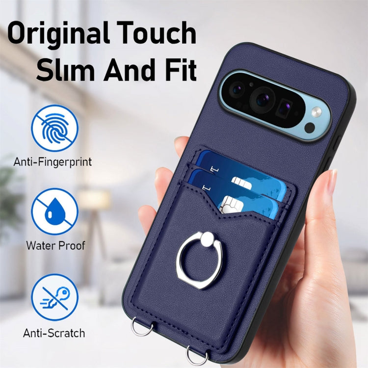 For Google Pixel 9 Pro XL R20 Crossbody Rope Ring Card Holder Phone Case(Blue) - Google Cases by PMC TechLife | Online Shopping South Africa | PMC TechLife | Buy Now Pay Later Mobicred