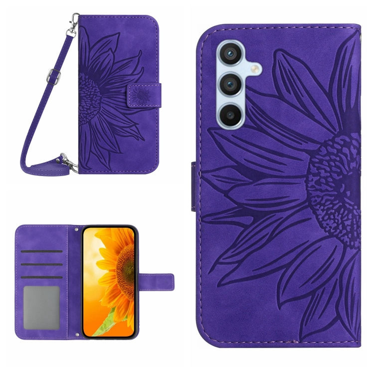 For Samsung Galaxy S25 5G Skin Feel Sun Flower Embossed Flip Leather Phone Case with Lanyard(Dark Purple) - Galaxy S25 5G Cases by PMC Jewellery | Online Shopping South Africa | PMC Jewellery | Buy Now Pay Later Mobicred