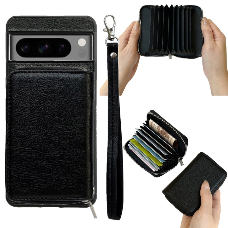 For Google Pixel 8a Solid Color Zipper 11-Card Slots Bag Phone Case with Lanyard(Black) - Google Cases by PMC TechLife | Online Shopping South Africa | PMC TechLife | Buy Now Pay Later Mobicred