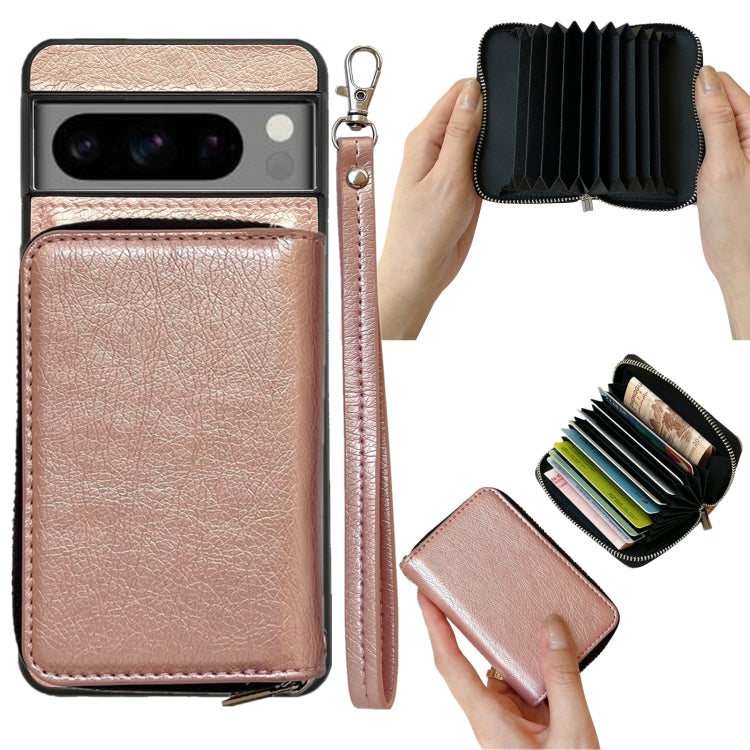 For Google Pixel 8 Pro Solid Color Zipper 11-Card Slots Bag Phone Case with Lanyard(Rose Gold) - Google Cases by PMC TechLife | Online Shopping South Africa | PMC TechLife | Buy Now Pay Later Mobicred