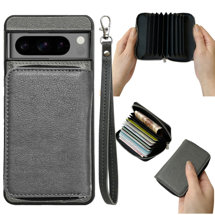 For Google Pixel 7 Solid Color Zipper 11-Card Slots Bag Phone Case with Lanyard(Grey) - Google Cases by PMC TechLife | Online Shopping South Africa | PMC TechLife | Buy Now Pay Later Mobicred