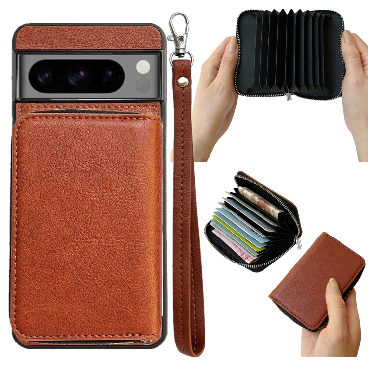 For Google Pixel 6a Solid Color Zipper 11-Card Slots Bag Phone Case with Lanyard(Brown) - Google Cases by PMC TechLife | Online Shopping South Africa | PMC TechLife | Buy Now Pay Later Mobicred