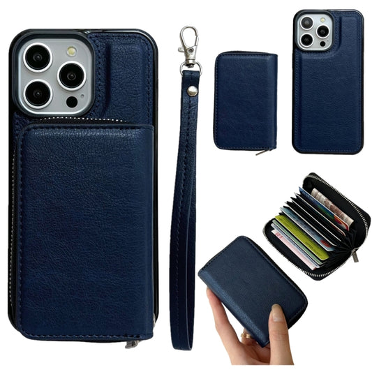 For iPhone 16 Pro Solid Color Zipper 11-Card Slots Bag Phone Case with Lanyard(Blue) - iPhone 16 Pro Cases by PMC Jewellery | Online Shopping South Africa | PMC Jewellery | Buy Now Pay Later Mobicred