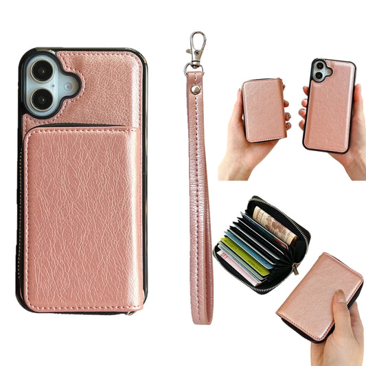 For iPhone 16 Solid Color Zipper 11-Card Slots Bag Phone Case with Lanyard(Rose Gold) - iPhone 16 Cases by PMC Jewellery | Online Shopping South Africa | PMC Jewellery | Buy Now Pay Later Mobicred