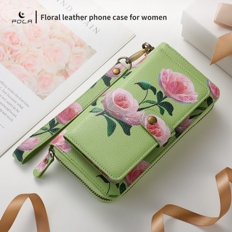 For Samsung Galaxy S24+ 5G POLA Flower Multi-functional Zipper Wallet Leather Phone Case(Green) - free shipping - PMC Jewellery - Order now!