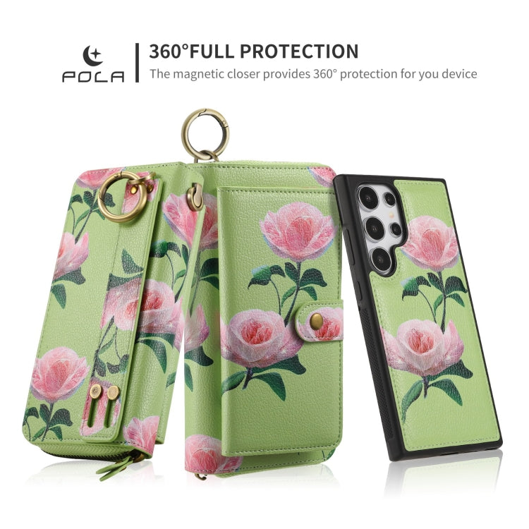 For Samsung Galaxy S24+ 5G POLA Flower Multi-functional Zipper Wallet Leather Phone Case(Green) - free shipping - PMC Jewellery - Order now!