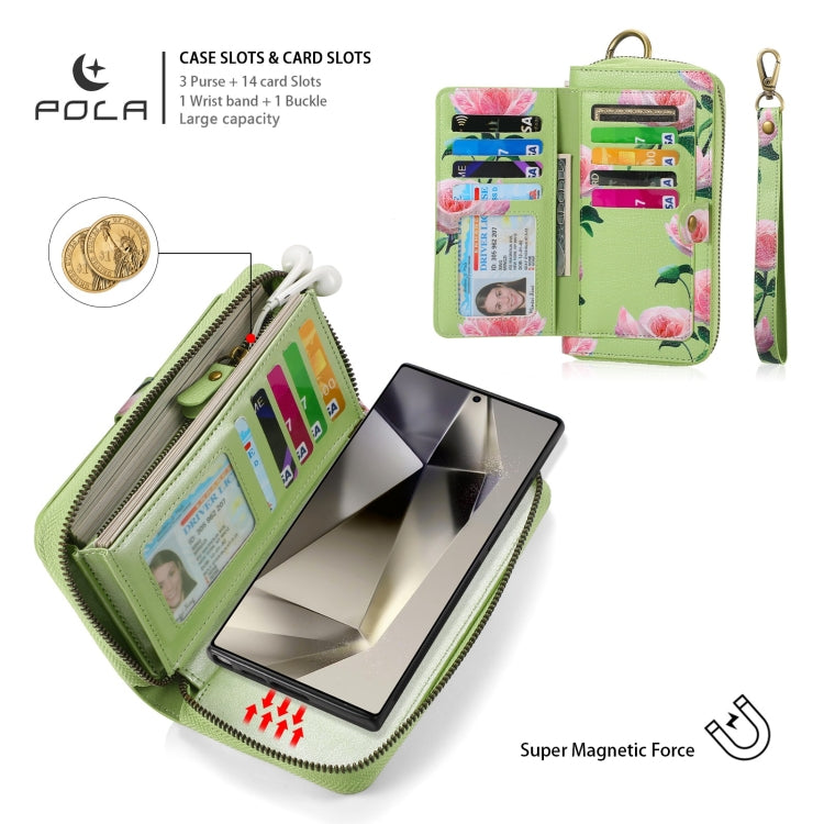 For Samsung Galaxy S24+ 5G POLA Flower Multi-functional Zipper Wallet Leather Phone Case(Green) - free shipping - PMC Jewellery - Order now!