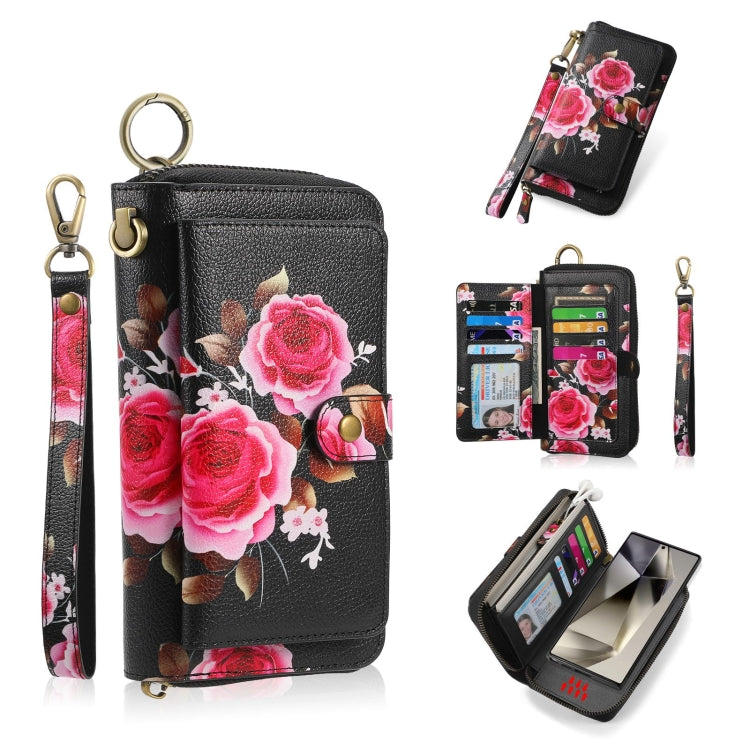 For Samsung Galaxy S24 Ultra 5G POLA Flower Multi-functional Zipper Wallet Leather Phone Case(Black) - Galaxy S24 Ultra 5G Cases by PMC Jewellery | Online Shopping South Africa | PMC Jewellery | Buy Now Pay Later Mobicred