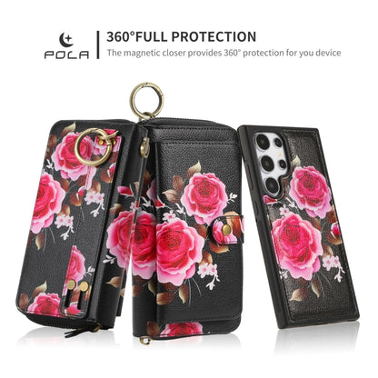 For Samsung Galaxy S24 Ultra 5G POLA Flower Multi-functional Zipper Wallet Leather Phone Case(Black) - Galaxy S24 Ultra 5G Cases by PMC Jewellery | Online Shopping South Africa | PMC Jewellery | Buy Now Pay Later Mobicred