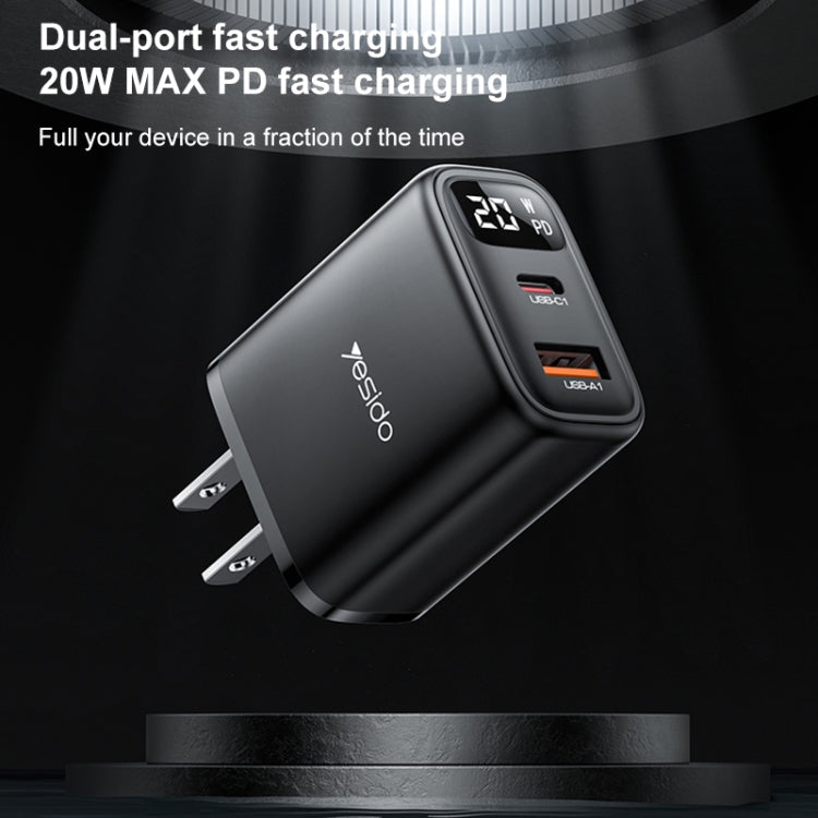 Yesido YC12U 20W USB-C / Type-C + USB Digital Display Charger, Specification:US Plug(Black) - free shipping - PMC TechLife - Order now!