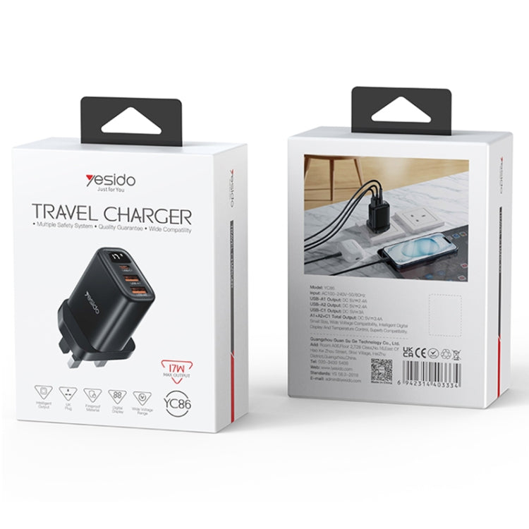 Yesido YC86 17W USB-C / Type-C + Dual USB Digital Display Charger, Specification:UK Plug(Black) - USB Charger by Yesido | Online Shopping South Africa | PMC TechLife | Buy Now Pay Later Mobicred