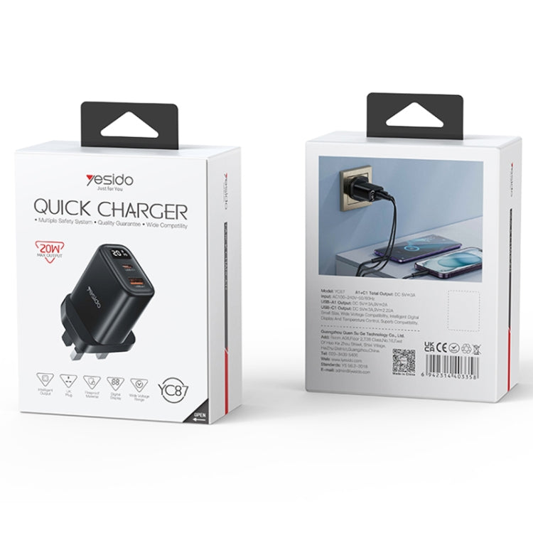 Yesido YC87 PD 20W USB-C / Type-C + USB Digital Display Charger, Specification:UK Plug(Black) - USB Charger by Yesido | Online Shopping South Africa | PMC TechLife | Buy Now Pay Later Mobicred