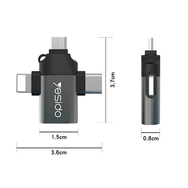 Yesido GS15 3 in 1 USB to USB-C / Type C + Micro USB + 8 Pin OTG Adapter(Black) - Converter & Adapter by Yesido | Online Shopping South Africa | PMC Jewellery | Buy Now Pay Later Mobicred