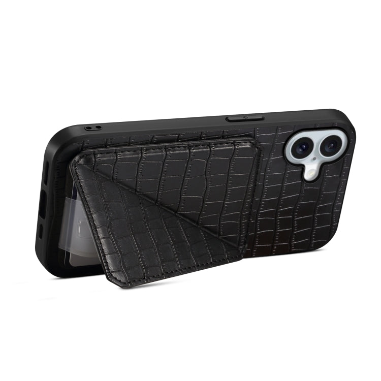 For iPhone 16 Imitation Crocodile Leather Back Phone Case with Holder(Black) - iPhone 16 Cases by PMC TechLife | Online Shopping South Africa | PMC TechLife | Buy Now Pay Later Mobicred