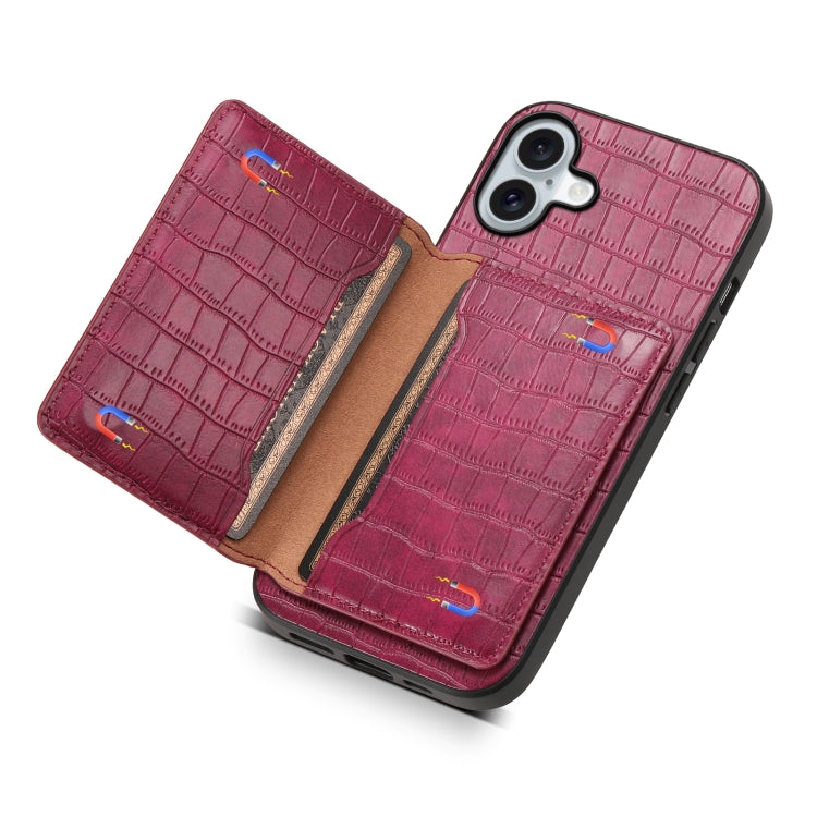 For iPhone 16 Crocodile Texture Card Bag Design Full Coverage Phone Case(Red) - iPhone 16 Cases by PMC TechLife | Online Shopping South Africa | PMC TechLife | Buy Now Pay Later Mobicred