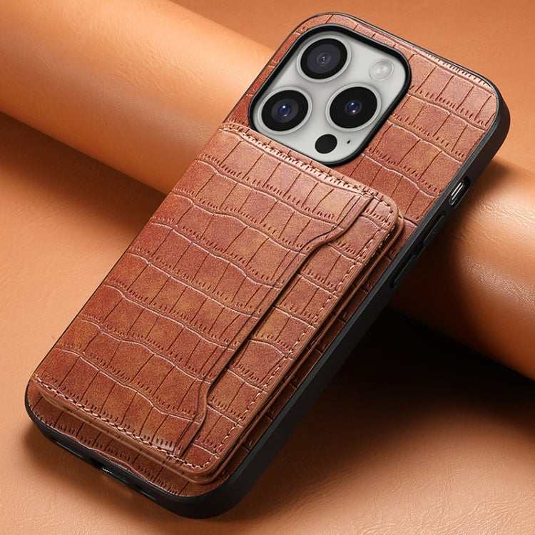 For iPhone 16 Pro Max Crocodile Texture Card Bag Design Full Coverage Phone Case(Brown) - iPhone 16 Pro Max Cases by PMC TechLife | Online Shopping South Africa | PMC TechLife | Buy Now Pay Later Mobicred