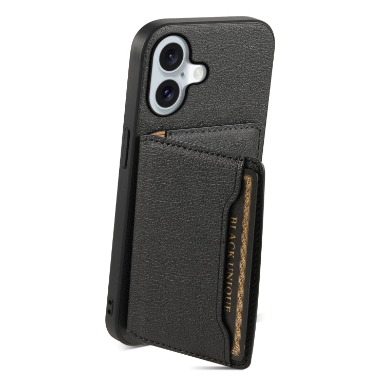 For iPhone 16 Plus Calf Texture Card Bag Design Full Coverage Phone Case(Black) - iPhone 16 Plus Cases by PMC TechLife | Online Shopping South Africa | PMC TechLife | Buy Now Pay Later Mobicred