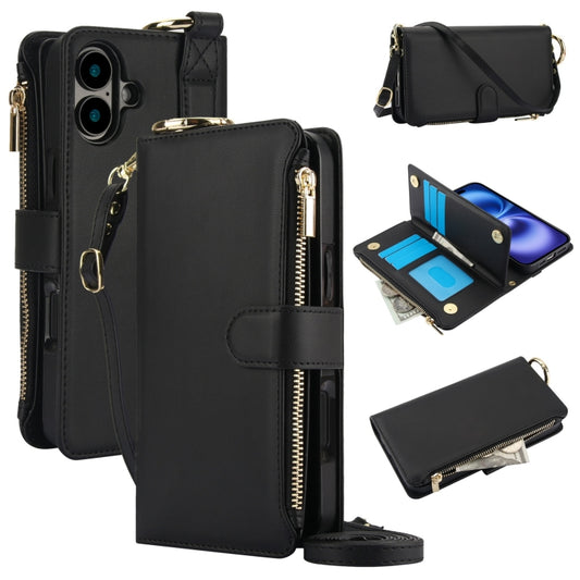 For iPhone 16 Plus Crossbody Ring Multifunctional Wallet Leather Phone Case(Black) - iPhone 16 Plus Cases by PMC Jewellery | Online Shopping South Africa | PMC Jewellery | Buy Now Pay Later Mobicred