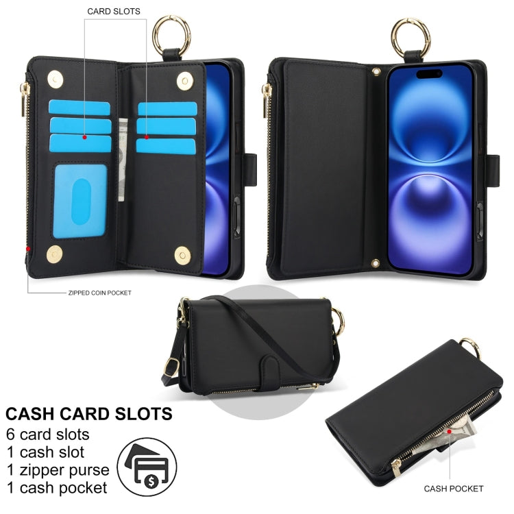 For iPhone 16 Plus Crossbody Ring Multifunctional Wallet Leather Phone Case(Black) - free shipping - PMC Jewellery - Order now!