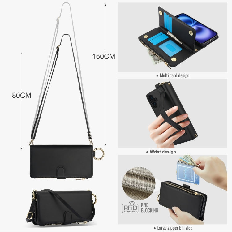 For iPhone 16 Plus Crossbody Ring Multifunctional Wallet Leather Phone Case(Black) - free shipping - PMC Jewellery - Order now!