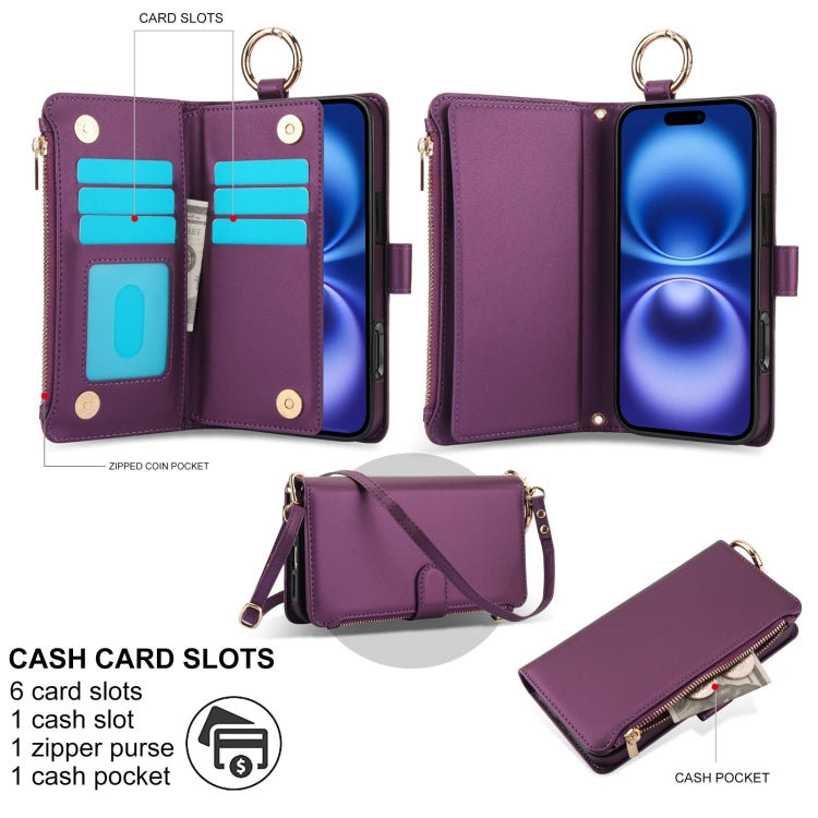 For iPhone 16 Plus Crossbody Ring Multifunctional Wallet Leather Phone Case(Dark Purple) - free shipping - PMC Jewellery - Order now!