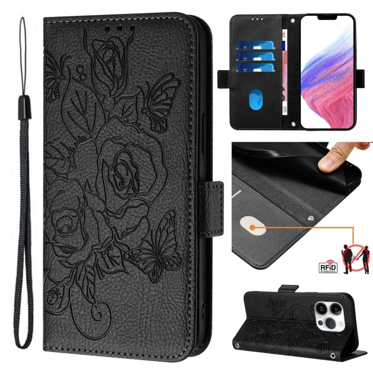 For iPhone 16 Pro Embossed Rose RFID Anti-theft Leather Phone Case(Black) - iPhone 16 Pro Cases by PMC Jewellery | Online Shopping South Africa | PMC Jewellery | Buy Now Pay Later Mobicred