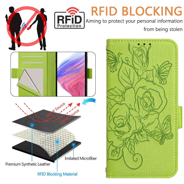For iPhone 16 Pro Max Embossed Rose RFID Anti-theft Leather Phone Case(Green) - iPhone 16 Pro Max Cases by PMC TechLife | Online Shopping South Africa | PMC TechLife | Buy Now Pay Later Mobicred