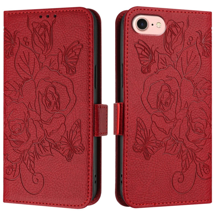 For iPhone SE 2024 Embossed Rose RFID Anti-theft Leather Phone Case(Red) - More iPhone Cases by PMC Jewellery | Online Shopping South Africa | PMC Jewellery | Buy Now Pay Later Mobicred