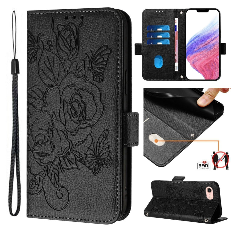 For iPhone SE 2024 Embossed Rose RFID Anti-theft Leather Phone Case(Black) - More iPhone Cases by PMC Jewellery | Online Shopping South Africa | PMC Jewellery | Buy Now Pay Later Mobicred