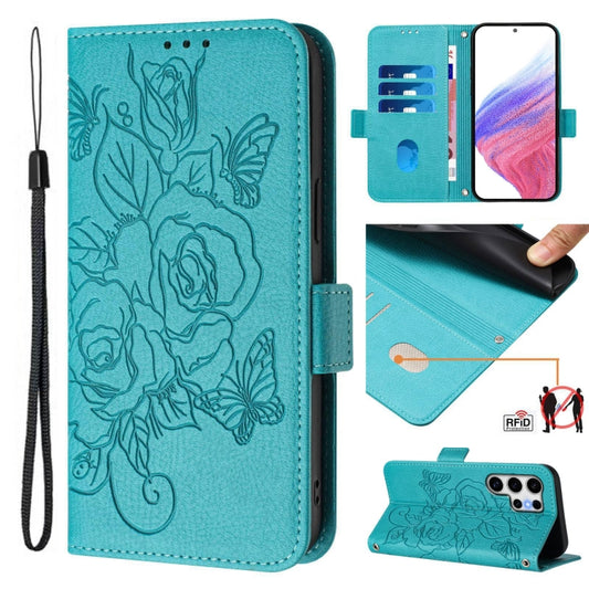 For Samsung Galaxy S25 Ultra 5G Embossed Rose RFID Anti-theft Leather Phone Case(Light Blue) - Galaxy S25 Ultra 5G Cases by PMC Jewellery | Online Shopping South Africa | PMC Jewellery | Buy Now Pay Later Mobicred