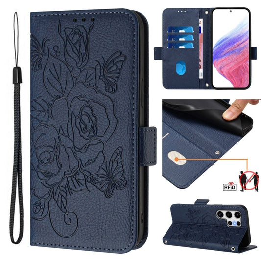 For Samsung Galaxy S25 Ultra 5G Embossed Rose RFID Anti-theft Leather Phone Case(Dark Blue) - Galaxy S25 Ultra 5G Cases by PMC Jewellery | Online Shopping South Africa | PMC Jewellery | Buy Now Pay Later Mobicred