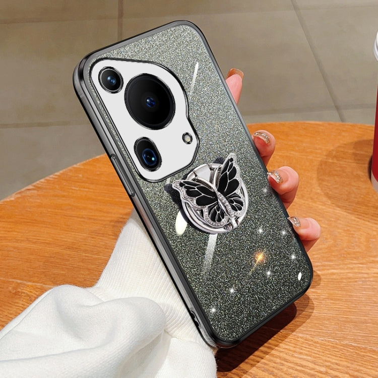 For Huawei Pura 70 Ultra Plated Gradient Glitter Butterfly Holder TPU Phone Case(Black) - Huawei Cases by PMC Jewellery | Online Shopping South Africa | PMC Jewellery | Buy Now Pay Later Mobicred