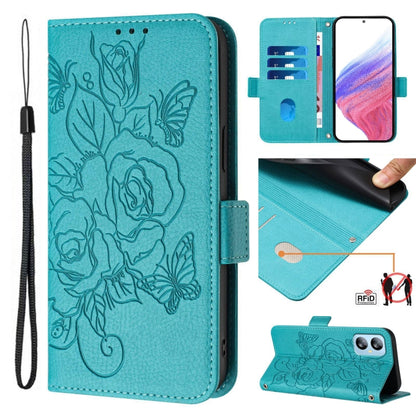 For Blackview A52 Embossed Rose RFID Anti-theft Leather Phone Case(Light Blue) - More Brand by PMC Jewellery | Online Shopping South Africa | PMC Jewellery | Buy Now Pay Later Mobicred