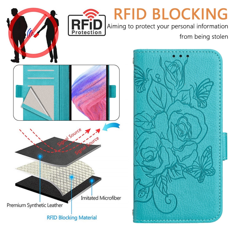 For Blackview WAVE 6C Embossed Rose RFID Anti-theft Leather Phone Case(Light Blue) - More Brand by PMC TechLife | Online Shopping South Africa | PMC TechLife | Buy Now Pay Later Mobicred