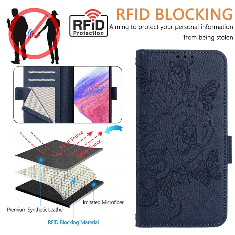 For Google Pixel 9 / 9 Pro Embossed Rose RFID Anti-theft Leather Phone Case(Dark Blue) - Google Cases by PMC Jewellery | Online Shopping South Africa | PMC Jewellery | Buy Now Pay Later Mobicred