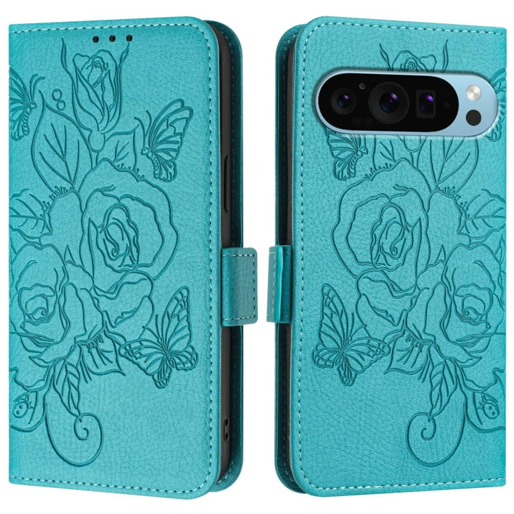 For Google Pixel 9 Pro XL Embossed Rose RFID Anti-theft Leather Phone Case(Light Blue) - Google Cases by PMC TechLife | Online Shopping South Africa | PMC TechLife | Buy Now Pay Later Mobicred