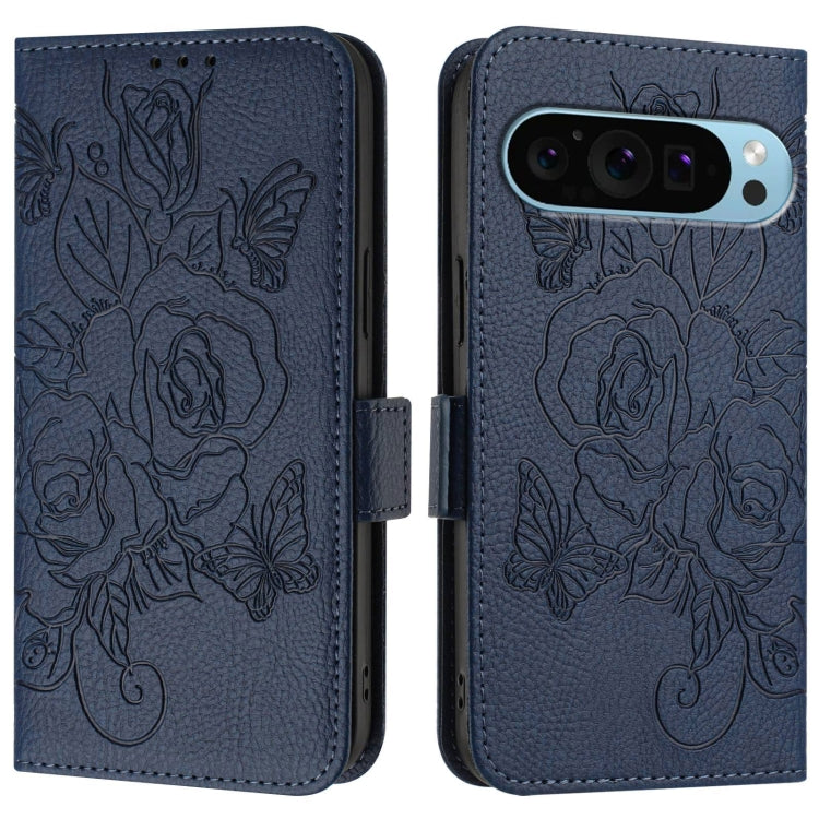 For Google Pixel 9 Pro XL Embossed Rose RFID Anti-theft Leather Phone Case(Dark Blue) - Google Cases by PMC TechLife | Online Shopping South Africa | PMC TechLife | Buy Now Pay Later Mobicred