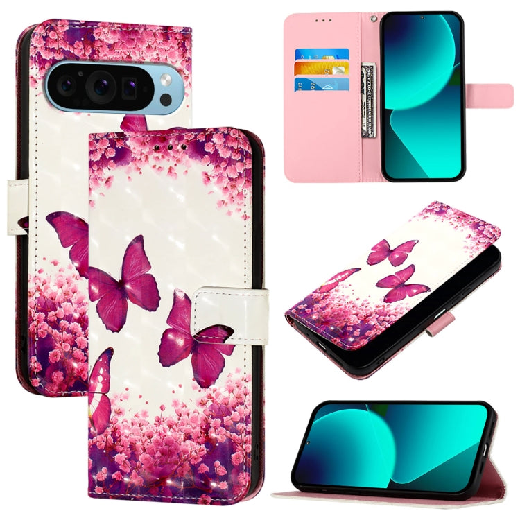 For Google Pixel 9 3D Painting Horizontal Flip Leather Phone Case(Rose Butterfly) - Google Cases by PMC TechLife | Online Shopping South Africa | PMC TechLife | Buy Now Pay Later Mobicred
