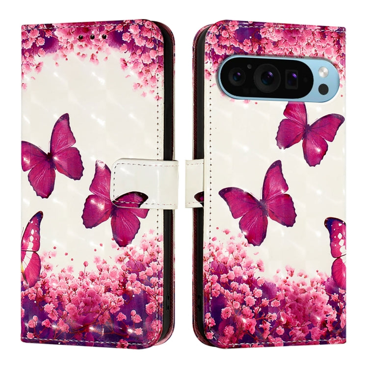 For Google Pixel 9 3D Painting Horizontal Flip Leather Phone Case(Rose Butterfly) - Google Cases by PMC Jewellery | Online Shopping South Africa | PMC Jewellery | Buy Now Pay Later Mobicred