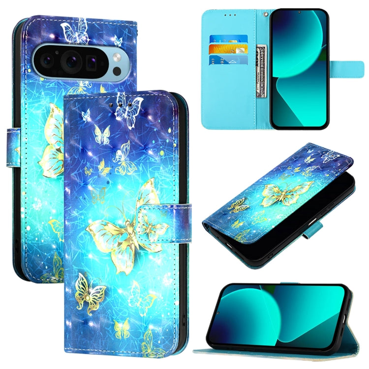 For Google Pixel 9 Pro XL 3D Painting Horizontal Flip Leather Phone Case(Golden Butterfly) - Google Cases by PMC TechLife | Online Shopping South Africa | PMC TechLife | Buy Now Pay Later Mobicred