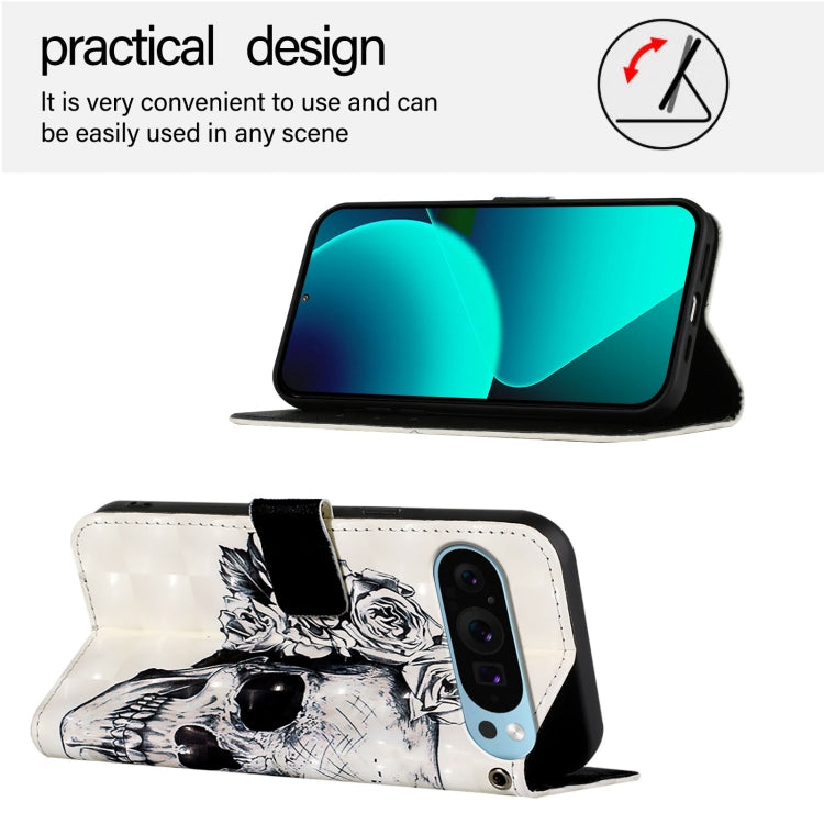 For Google Pixel 9 Pro XL 3D Painting Horizontal Flip Leather Phone Case(Skull) - Google Cases by PMC TechLife | Online Shopping South Africa | PMC TechLife | Buy Now Pay Later Mobicred