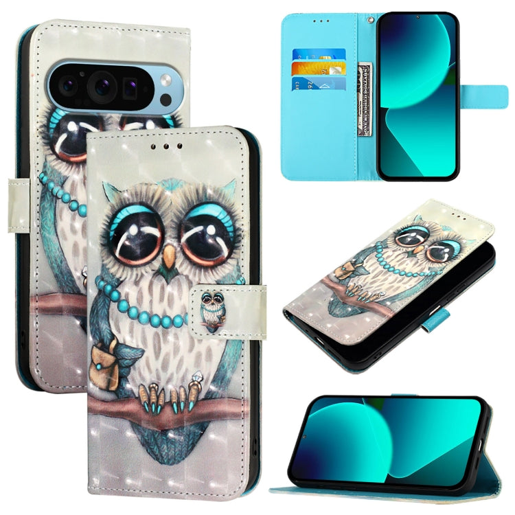 For Google Pixel 9 Pro XL 3D Painting Horizontal Flip Leather Phone Case(Grey Owl) - Google Cases by PMC Jewellery | Online Shopping South Africa | PMC Jewellery | Buy Now Pay Later Mobicred