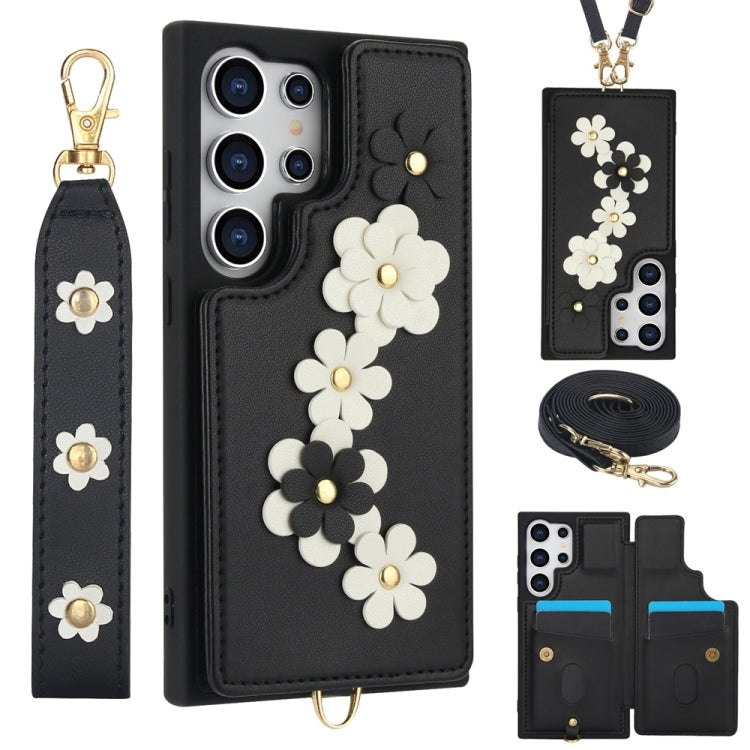 For Samsung Galaxy S25 Ultra 5G Crossbody Flower Pattern Leather Phone Case(Black) - Galaxy S25 Ultra 5G Cases by PMC Jewellery | Online Shopping South Africa | PMC Jewellery | Buy Now Pay Later Mobicred