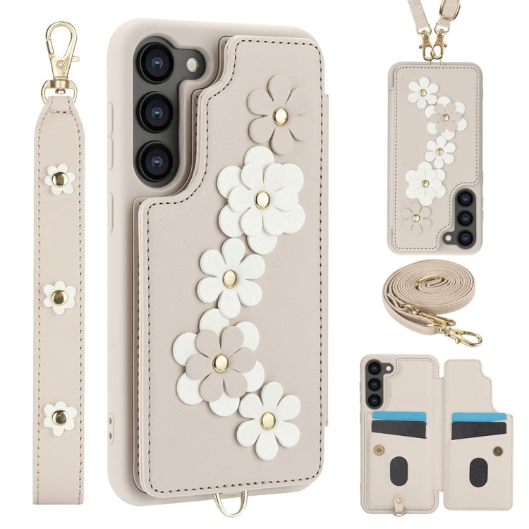 For Samsung Galaxy S25+ 5G Crossbody Flower Pattern Leather Phone Case(White) - Galaxy S23+ 5G Cases by PMC Jewellery | Online Shopping South Africa | PMC Jewellery | Buy Now Pay Later Mobicred