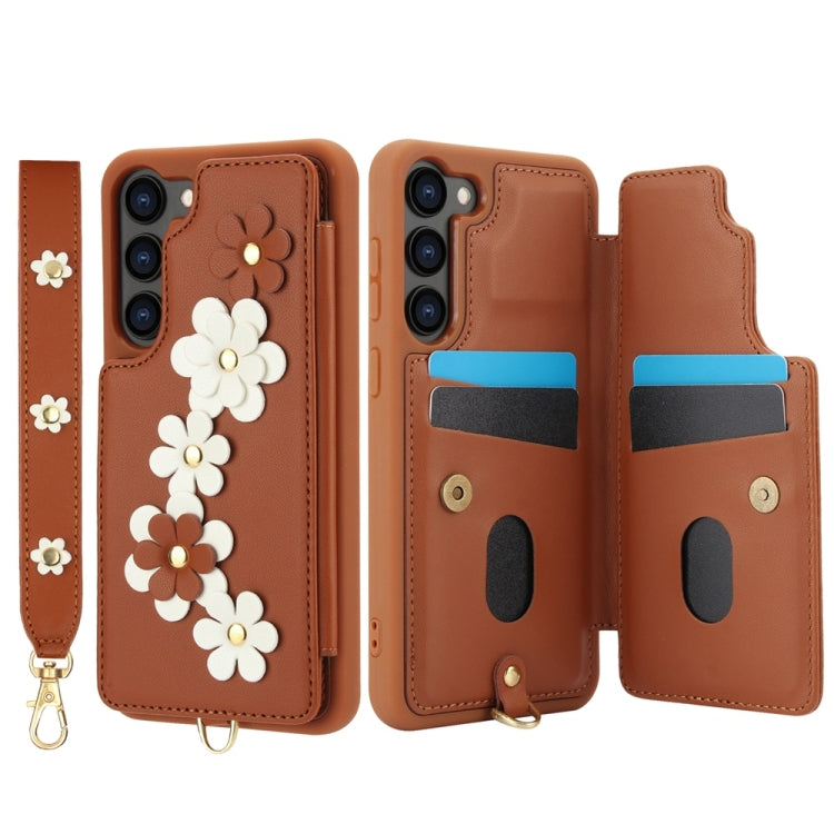 For Samsung Galaxy S25+ 5G Crossbody Flower Pattern Leather Phone Case(Brown) - Galaxy S23+ 5G Cases by PMC Jewellery | Online Shopping South Africa | PMC Jewellery | Buy Now Pay Later Mobicred