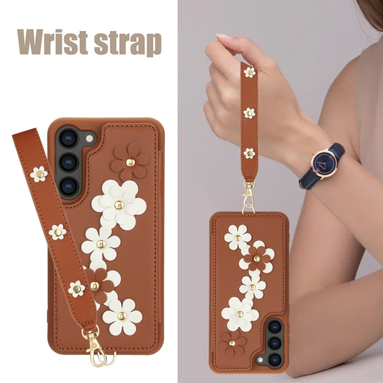 For Samsung Galaxy S25+ 5G Crossbody Flower Pattern Leather Phone Case(Brown) - Galaxy S23+ 5G Cases by PMC Jewellery | Online Shopping South Africa | PMC Jewellery | Buy Now Pay Later Mobicred