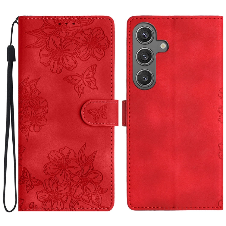 For Samsung Galaxy S25 5G Cherry Blossom Butterfly Skin Feel Embossed PU Phone Case(Red) - Galaxy S25 5G Cases by PMC Jewellery | Online Shopping South Africa | PMC Jewellery | Buy Now Pay Later Mobicred