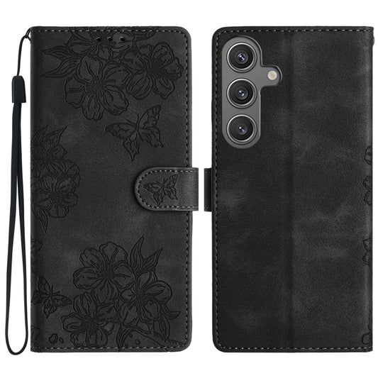 For Samsung Galaxy S25 5G Cherry Blossom Butterfly Skin Feel Embossed PU Phone Case(Black) - Galaxy S25 5G Cases by PMC Jewellery | Online Shopping South Africa | PMC Jewellery | Buy Now Pay Later Mobicred