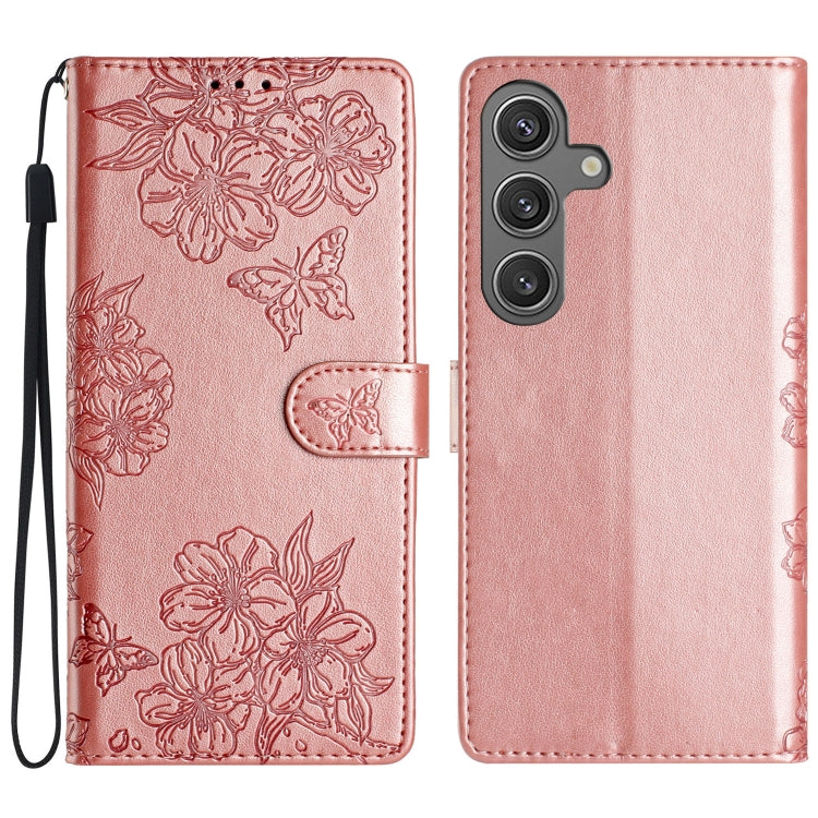 For Samsung Galaxy S25+ 5G Cherry Blossom Butterfly Skin Feel Embossed PU Phone Case(Rose Gold) - Galaxy S25+ 5G Cases by PMC Jewellery | Online Shopping South Africa | PMC Jewellery | Buy Now Pay Later Mobicred